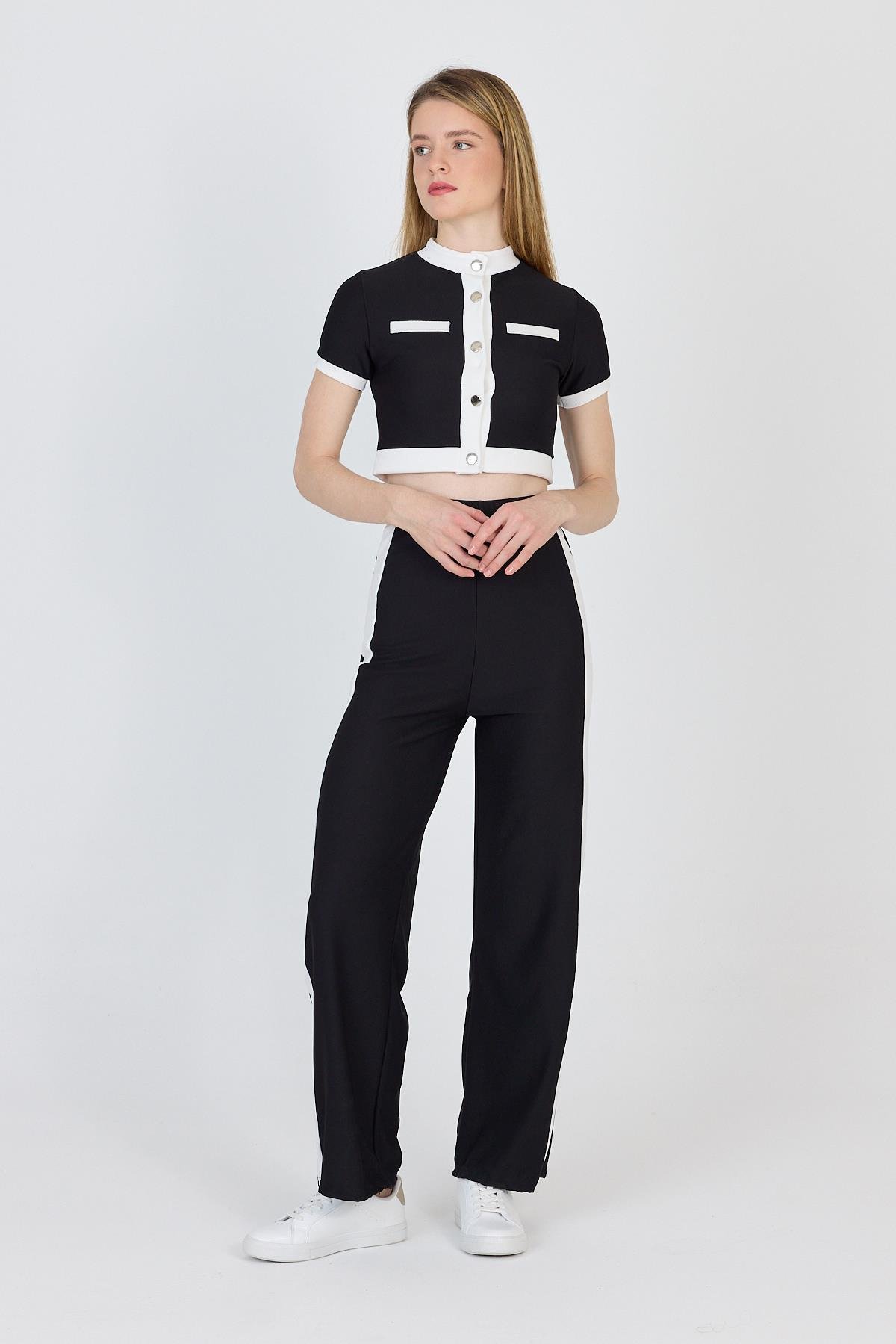 Siyah Düğmeli Crop Bluz & Şeritli Palazzo Pantolon Takım 2214