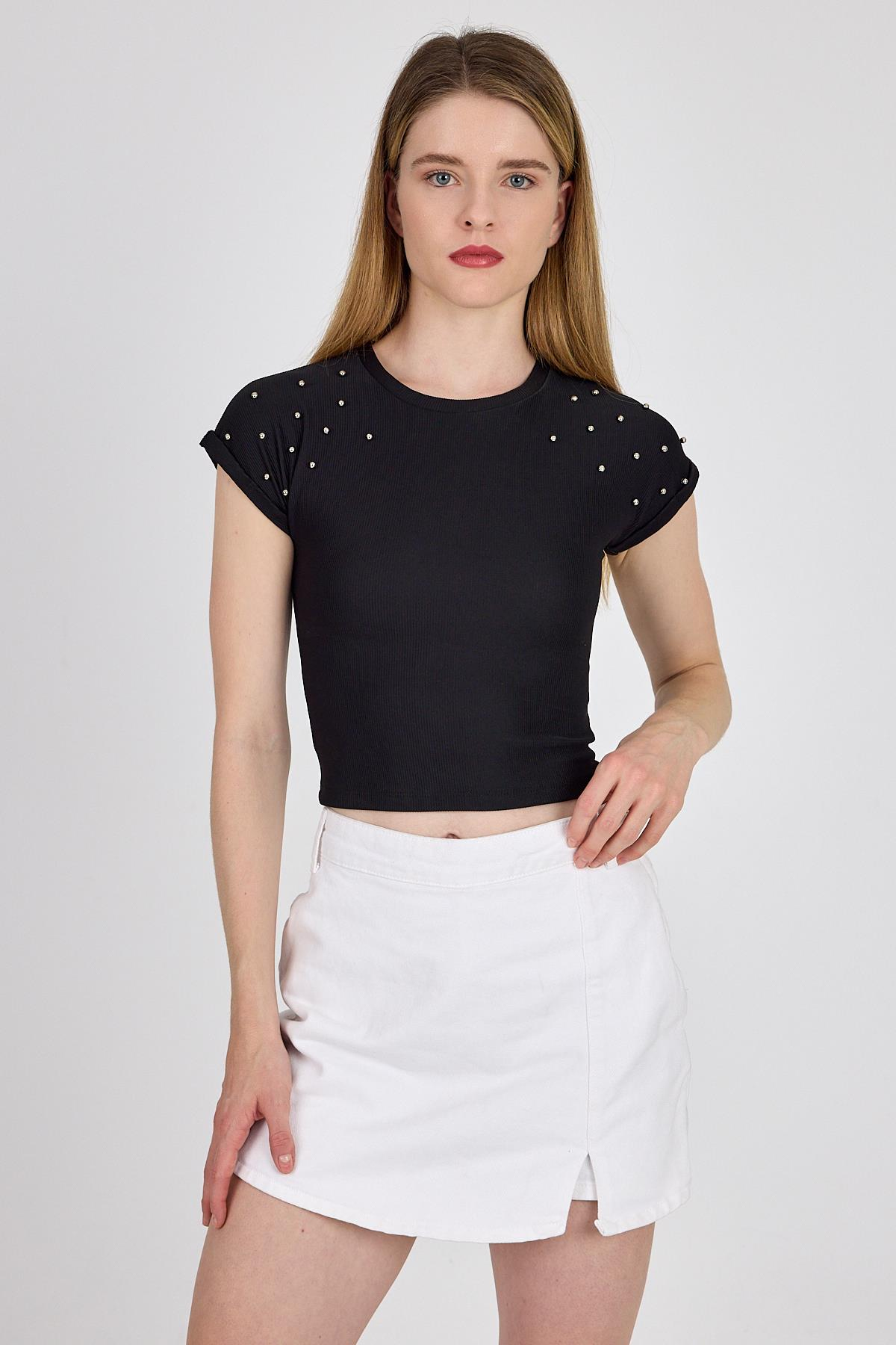 Siyah Omuz Boncuk Detaylı Slim Fit Crop Tişört 9208M
