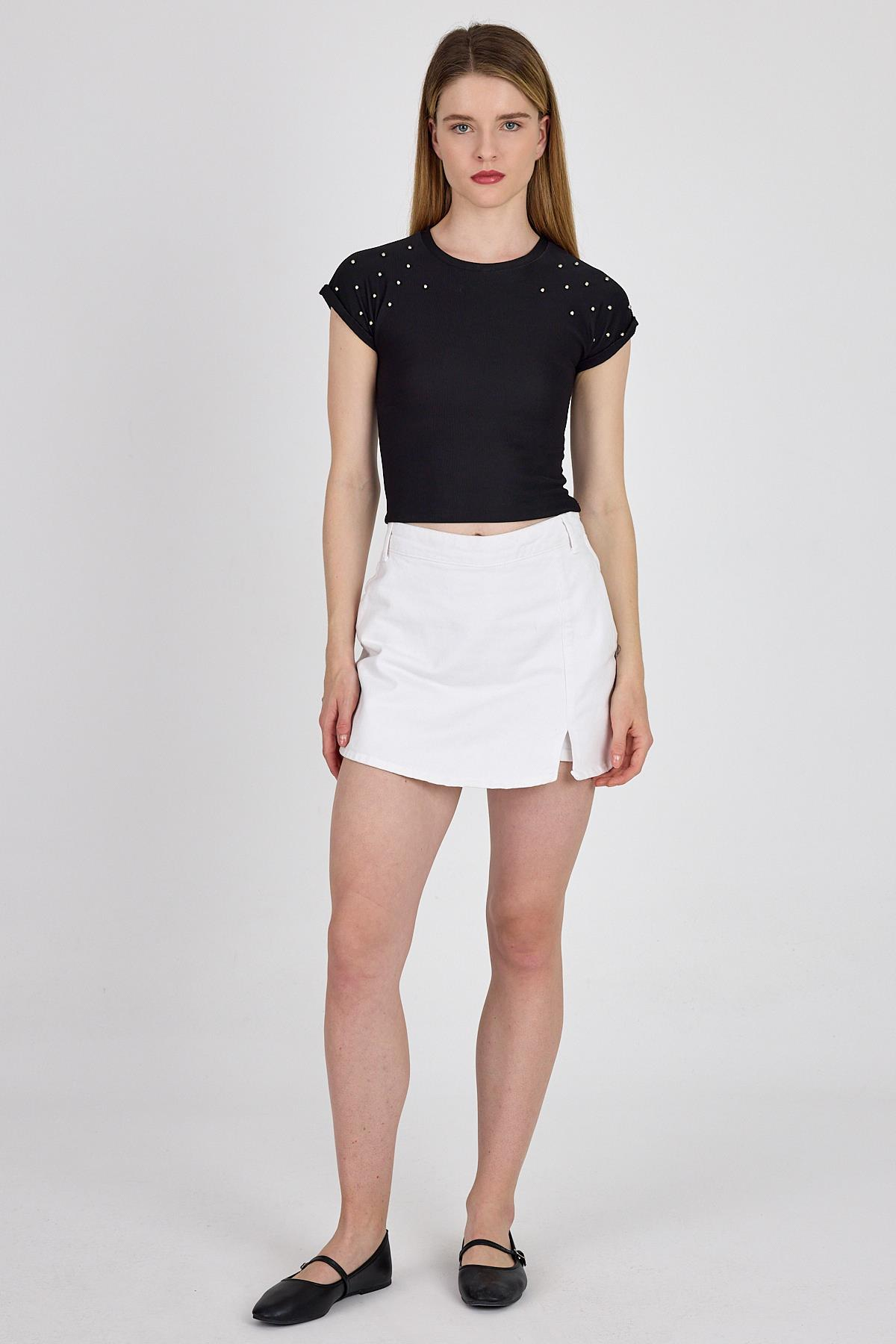 Siyah Omuz Boncuk Detaylı Slim Fit Crop Tişört 9208M