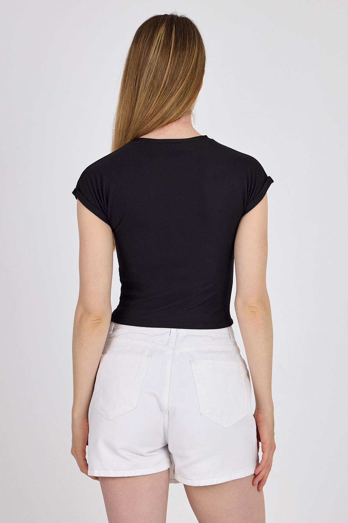 Siyah Omuz Boncuk Detaylı Slim Fit Crop Tişört 9208M