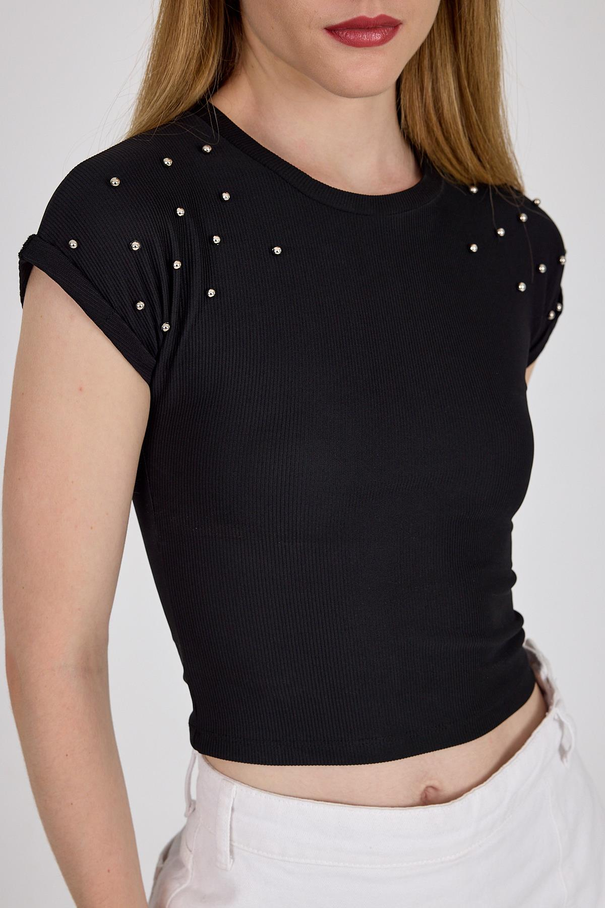 Siyah Omuz Boncuk Detaylı Slim Fit Crop Tişört 9208M