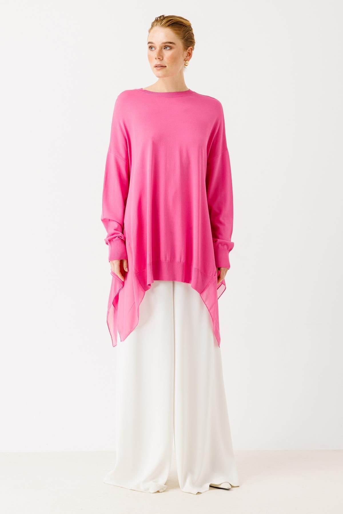 Ghisa Şifon Detaylı Triko Tunik PEMBE