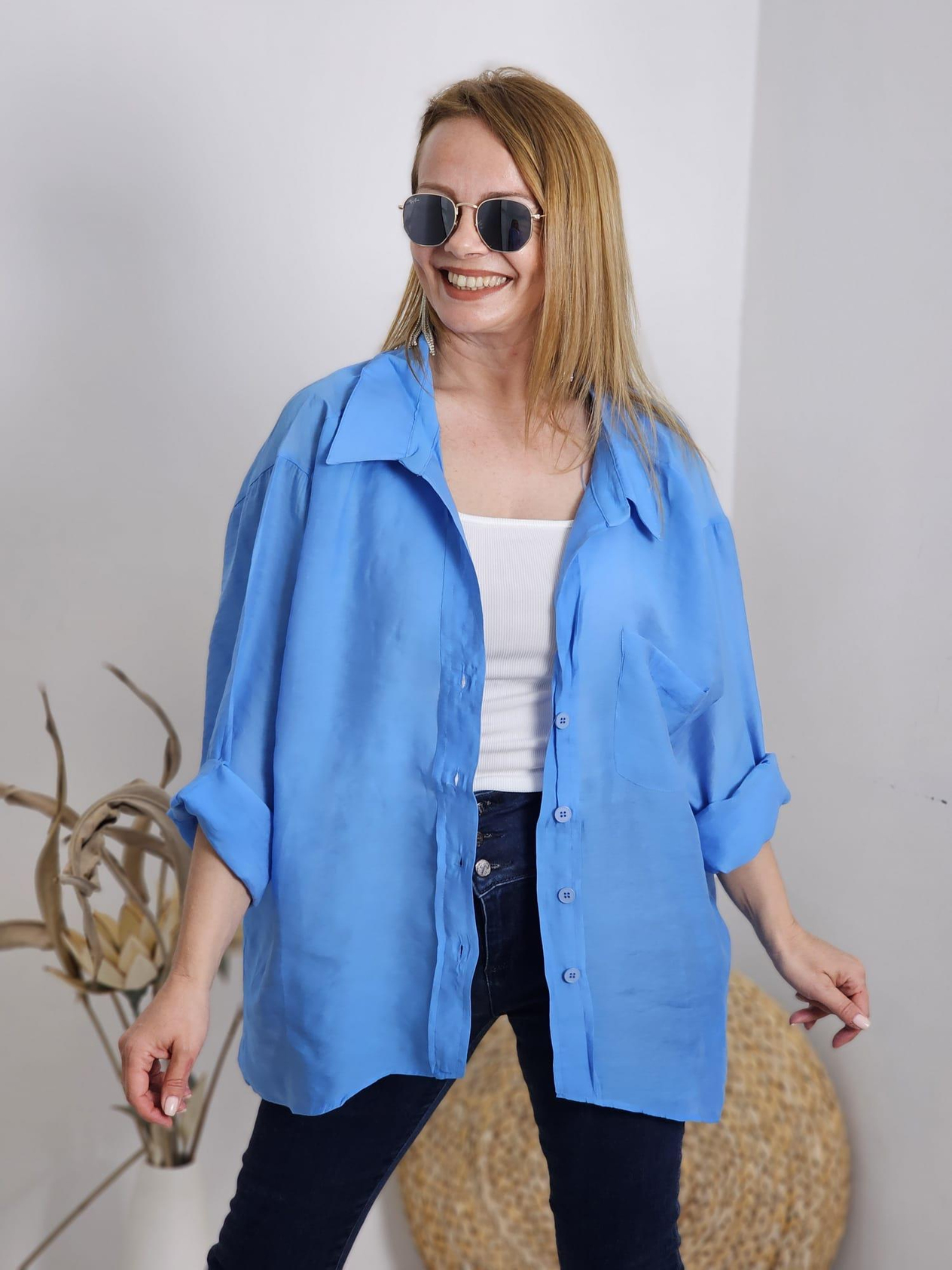 FELİX11958 Oversize Açık Mavi Viskon Gömlek