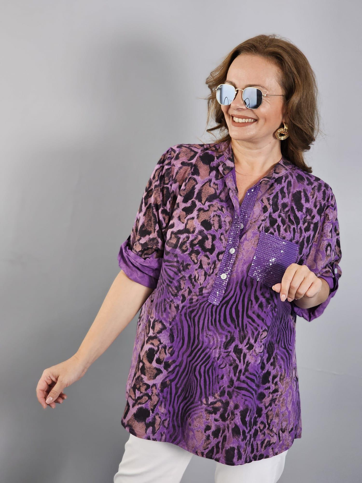 FELİX12364 Yaka Cep Pul Detaylı Leopar Desenli Mor İthal Bluz