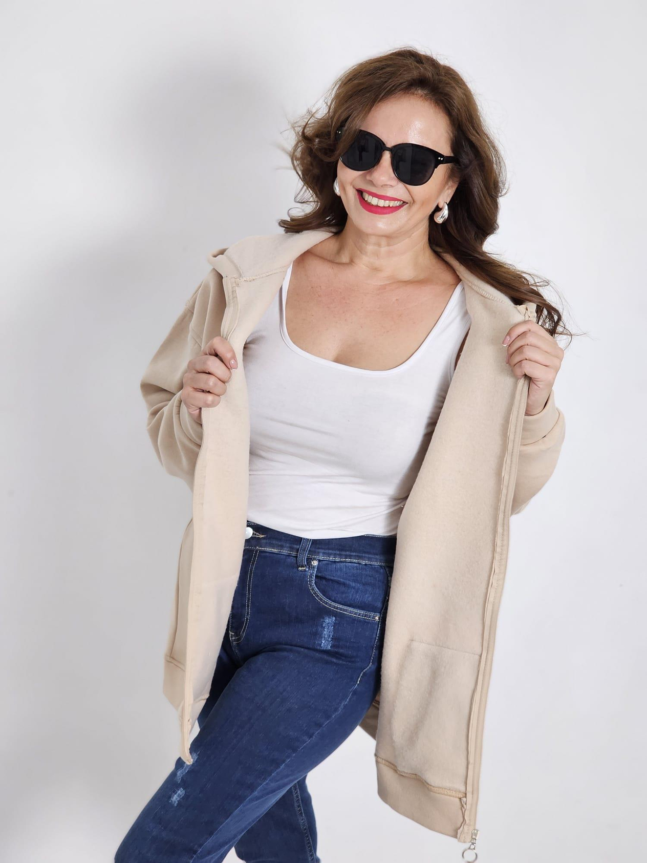 FELİX12573 Kapüşonlu Şardonlu Rahat Kalıp Bej Sweat Ceket