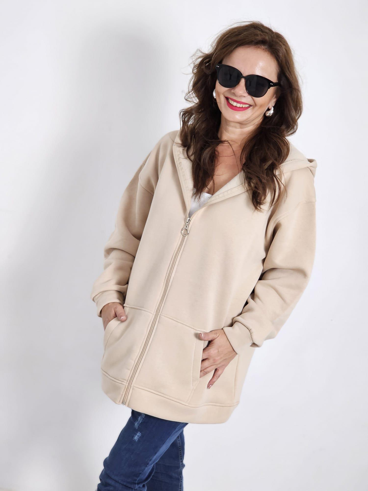 FELİX12573 Kapüşonlu Şardonlu Rahat Kalıp Bej Sweat Ceket