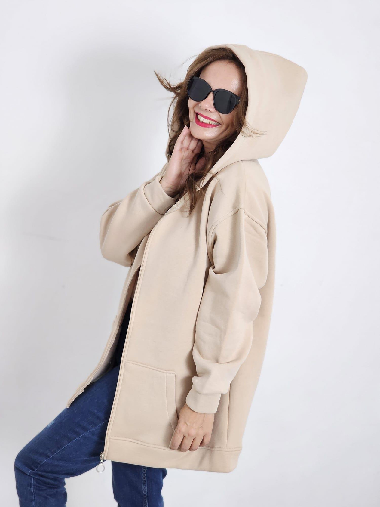 FELİX12573 Kapüşonlu Şardonlu Rahat Kalıp Bej Sweat Ceket