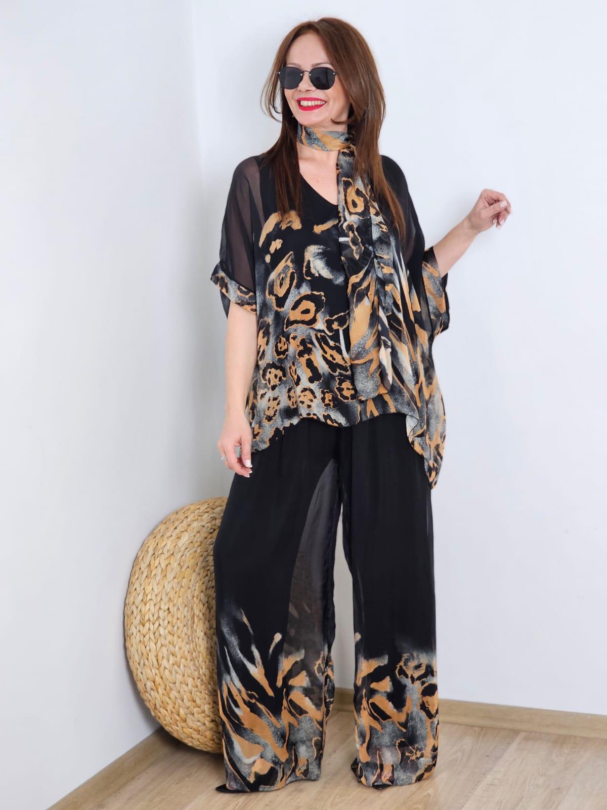 FELİX13291 Fularlı Camel Desenli İthal İpekli Siyah Pantolon-Bluz Takım