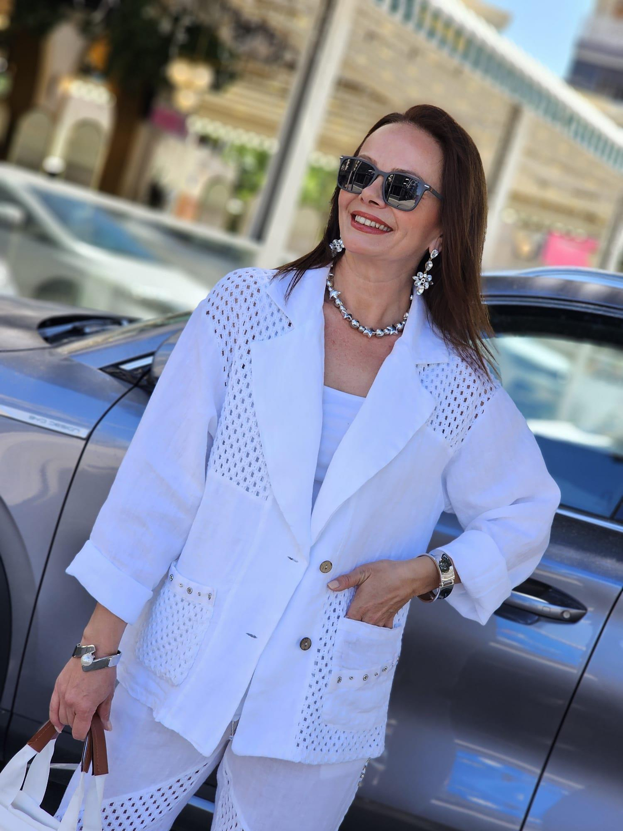 FELİX13678 Tiğ İşi File Taş Detaylı İthal Beyaz Blazer Ceket Pantolon Takım