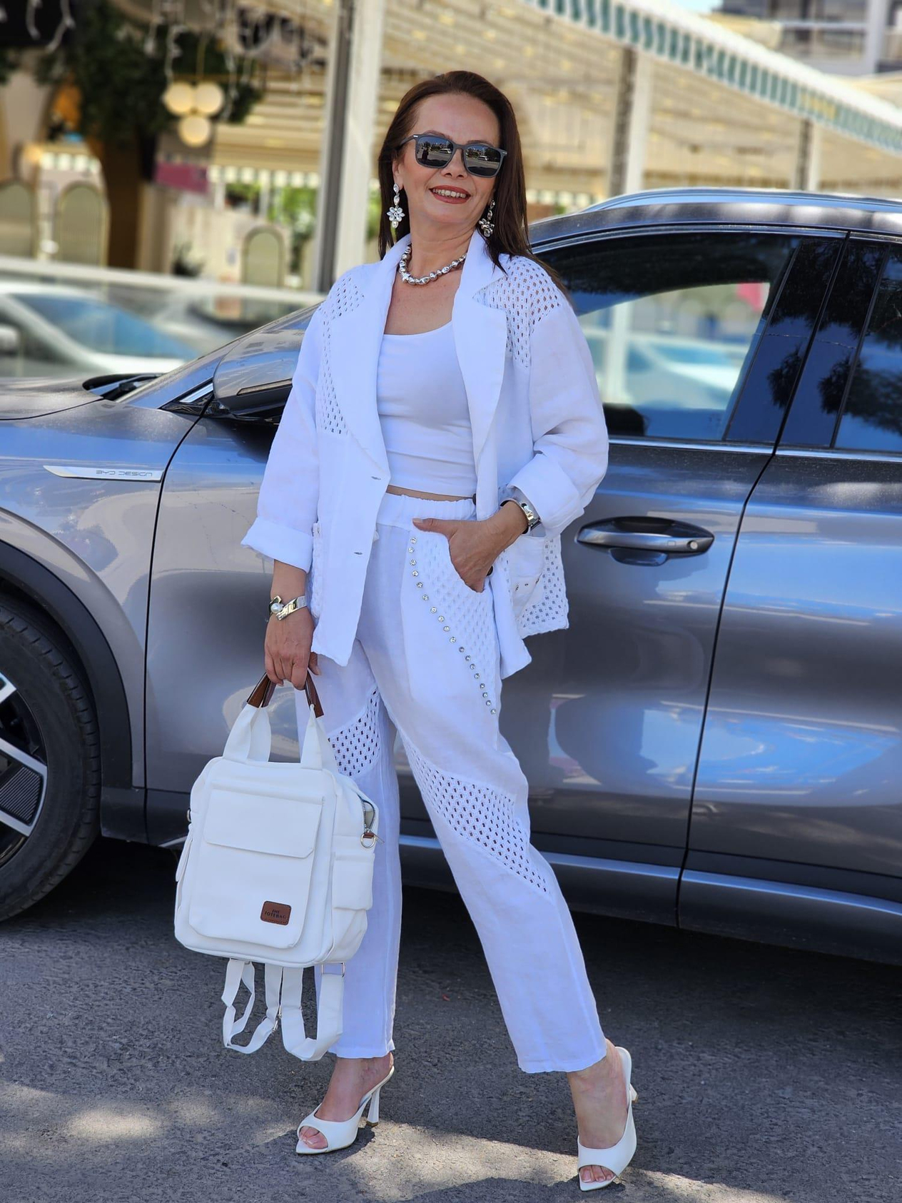 FELİX13678 Tiğ İşi File Taş Detaylı İthal Beyaz Blazer Ceket Pantolon Takım
