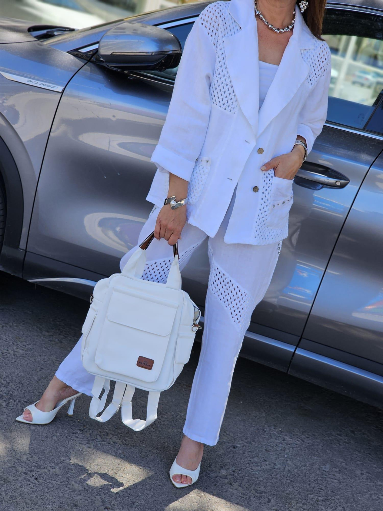 FELİX13678 Tiğ İşi File Taş Detaylı İthal Beyaz Blazer Ceket Pantolon Takım