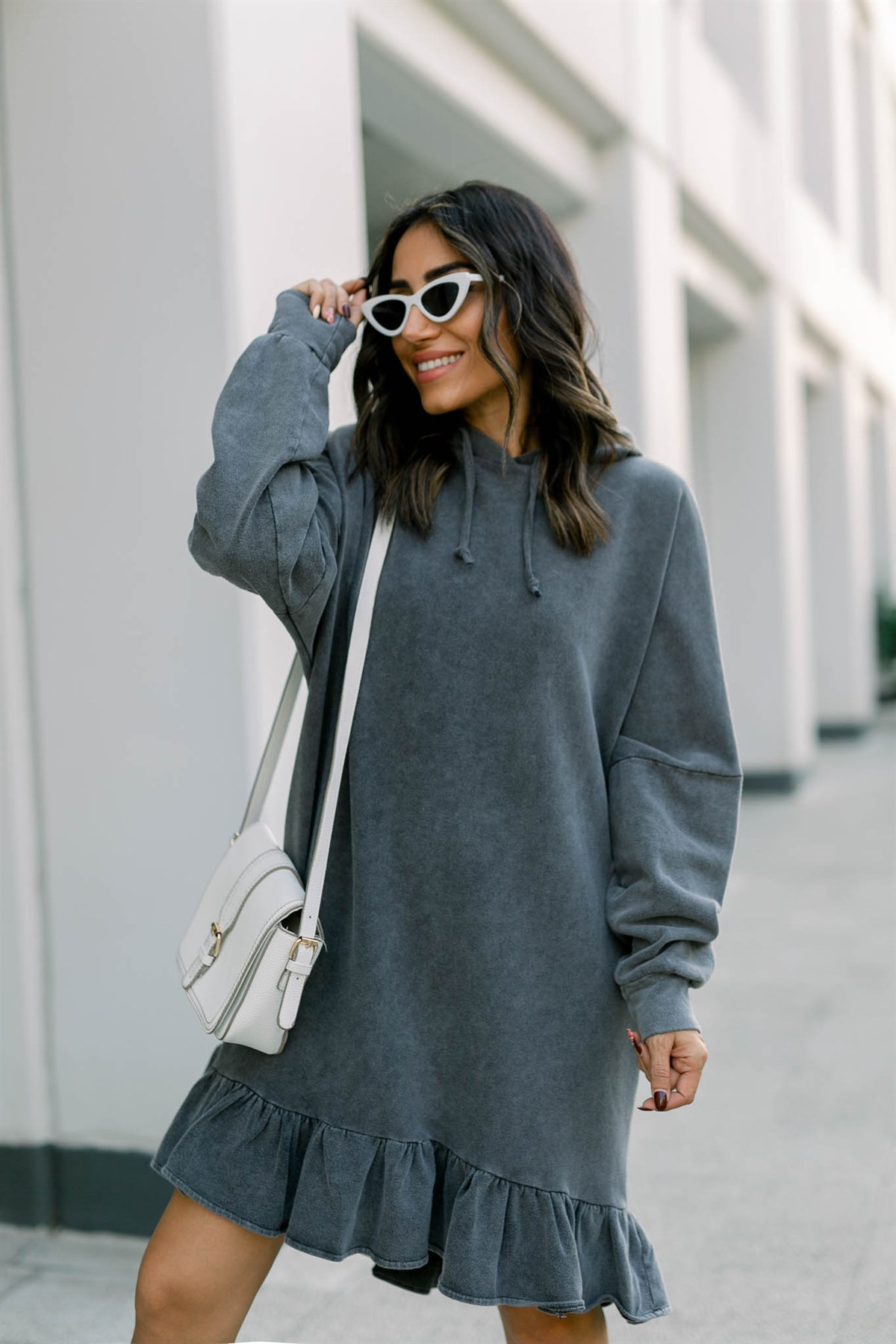 Yıkamalı Kapşonlu Sweat Elbise