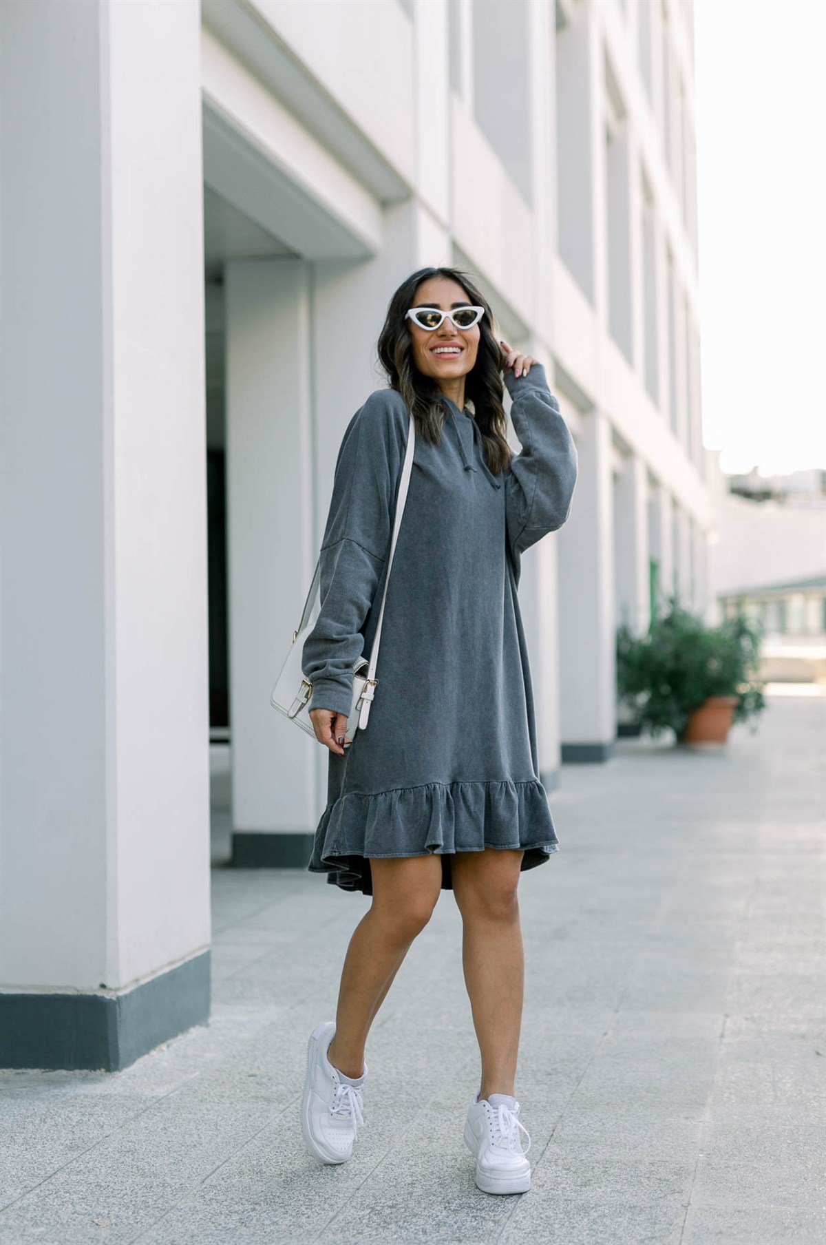 Yıkamalı Kapşonlu Sweat Elbise