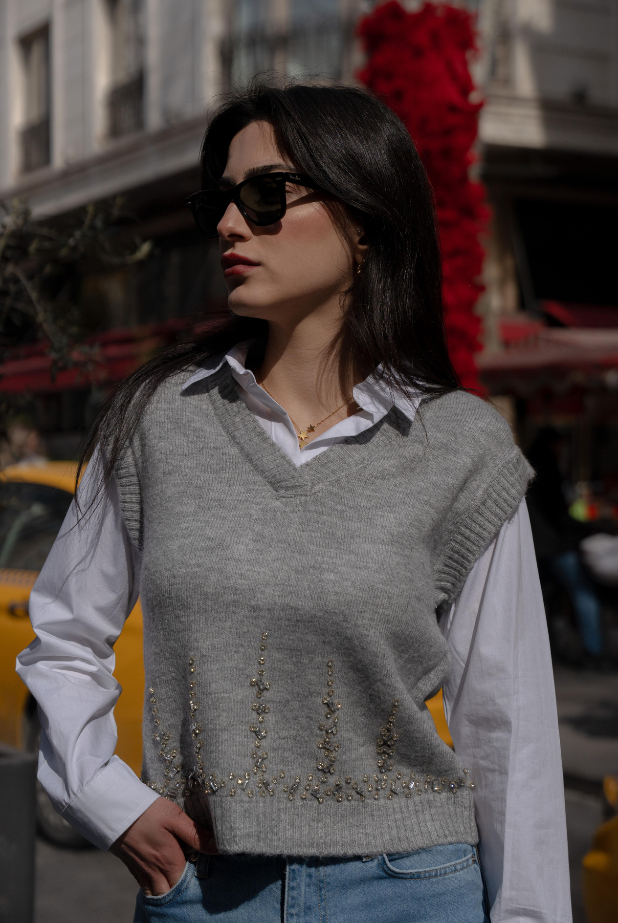 Kadın Tasarım Taş İşlemeli Poplin Mix Süveter Gömlek 
