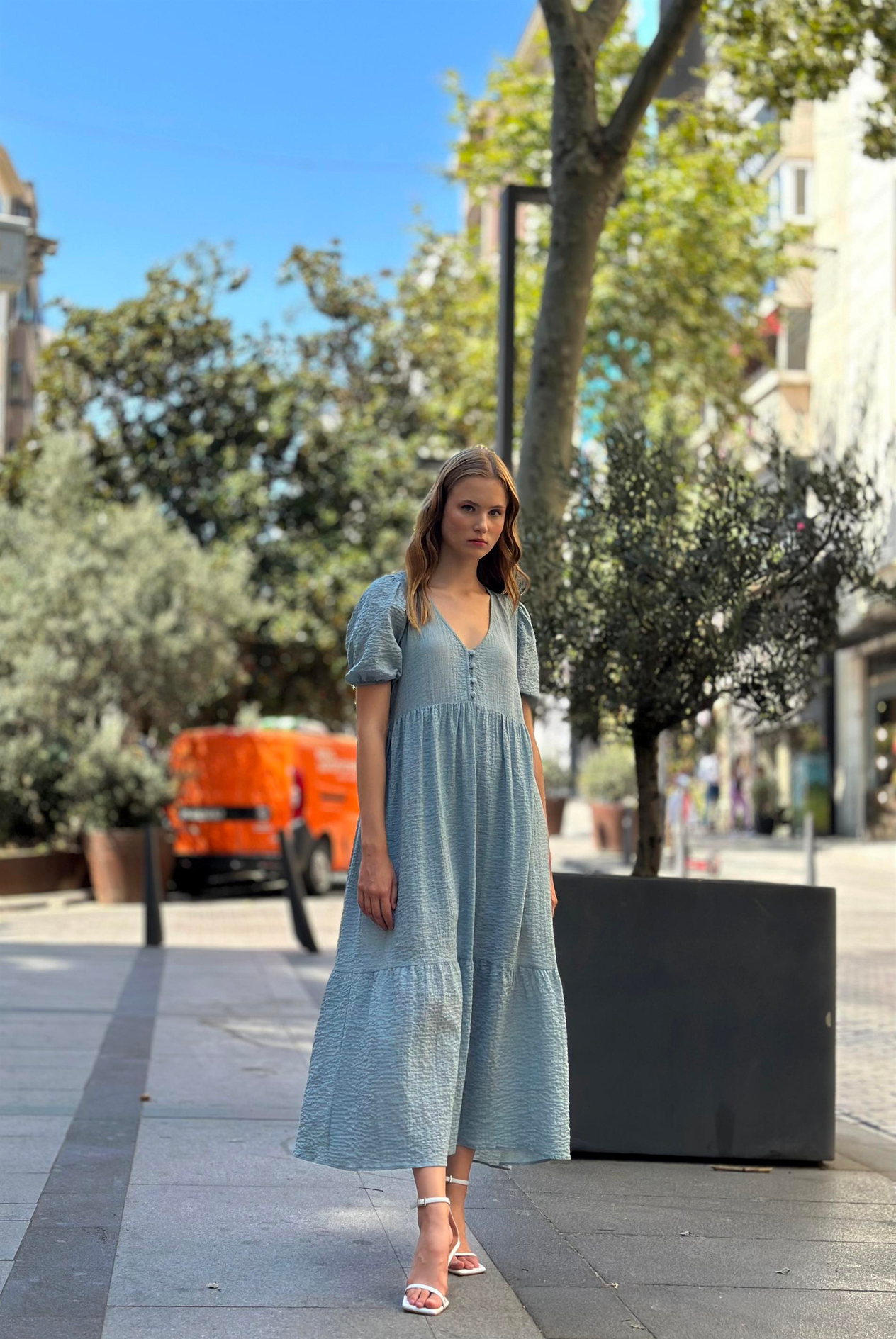 Kadın V Yaka Karpuz Kol Elbise