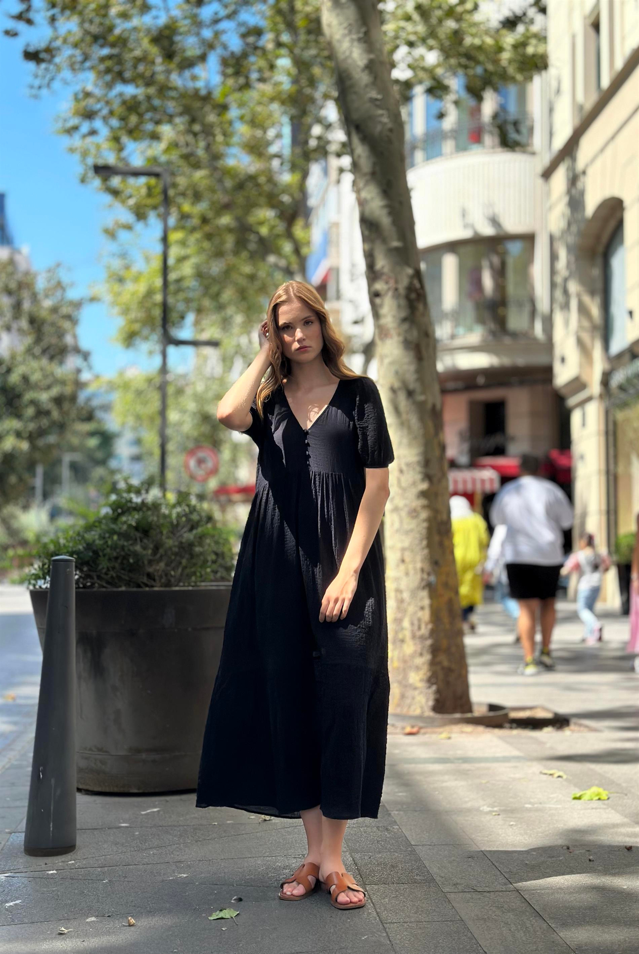 Kadın V Yaka Karpuz Kol Elbise