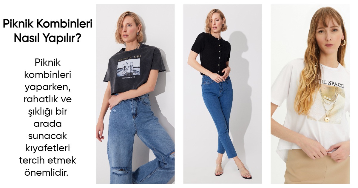 piknik kombinleri, sherin, tişört, kadın kot pantolon