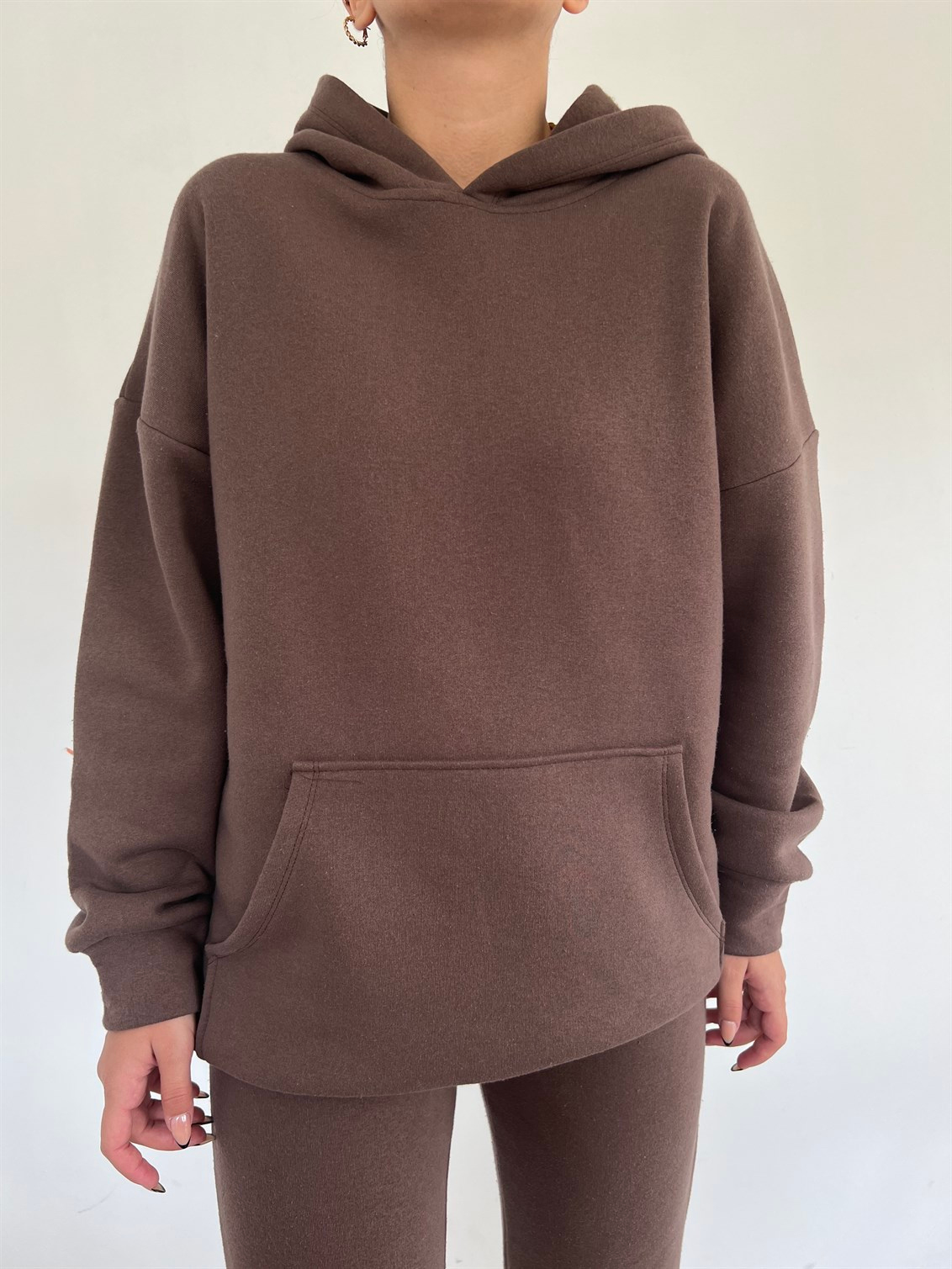 Kapüşonlu Üç İplik Sweat Pantolon Takım 2212 ACI KAHVE