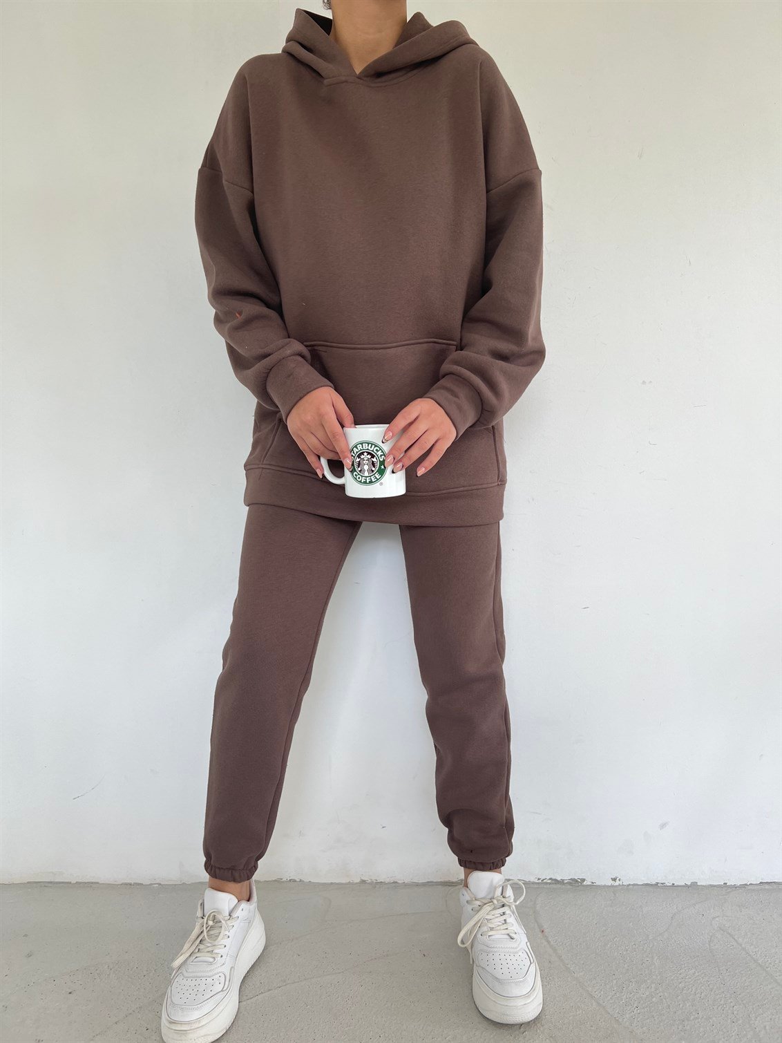 Kapüşonlu Üç İplik Sweat Pantolon Takım 2212 ACI KAHVE