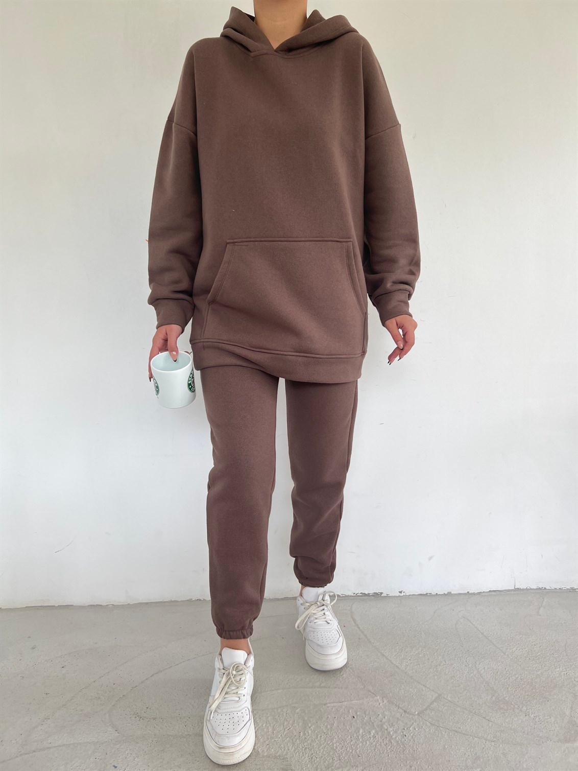 Kapüşonlu Üç İplik Sweat Pantolon Takım 2212 ACI KAHVE