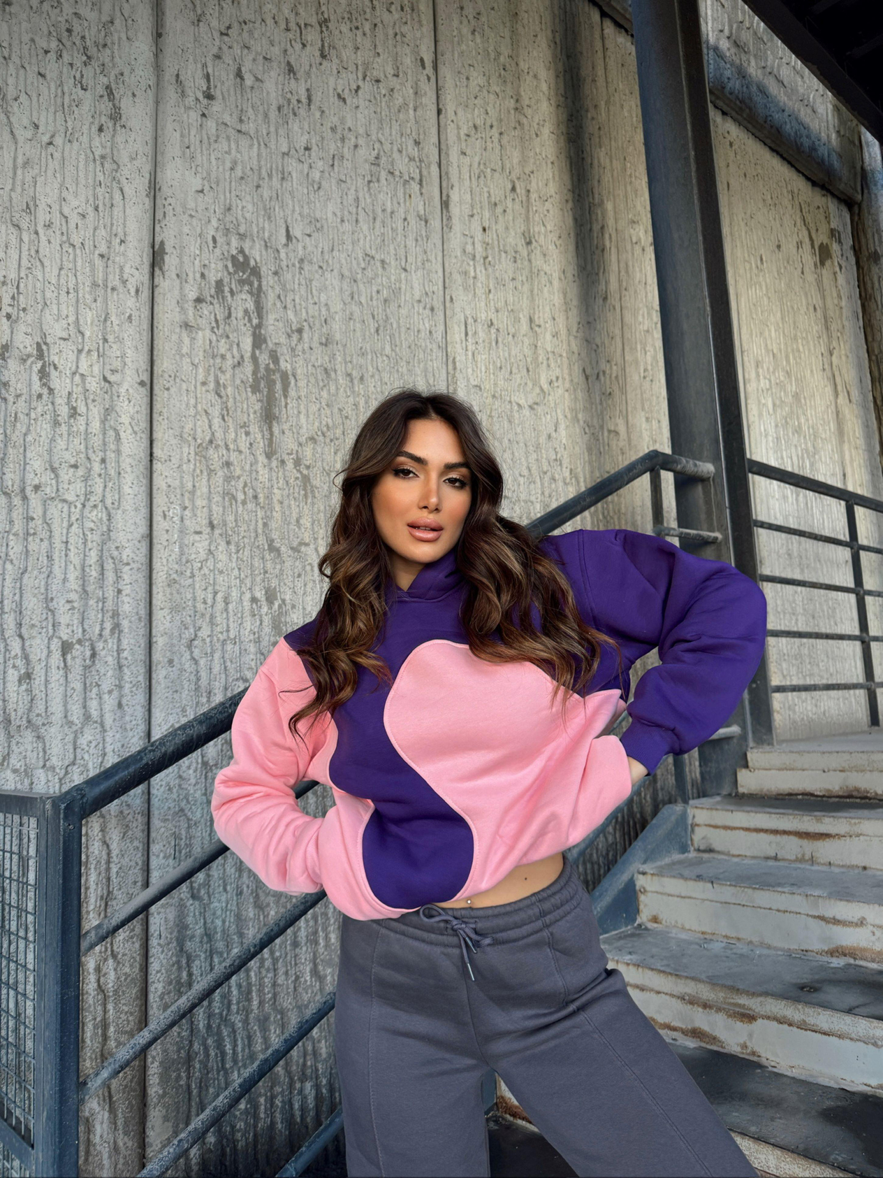 Parçalı Hoddy Owersize Sweat 6542 PEMBE-MOR