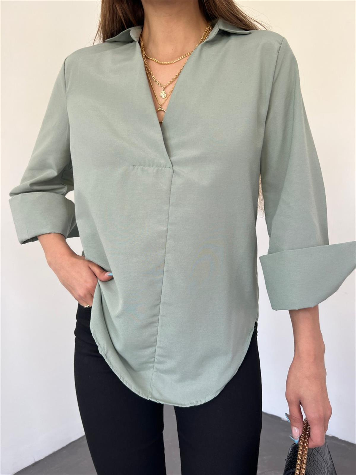 V Yaka Poplin Gömlek 0254 MİNT YEŞİLİ