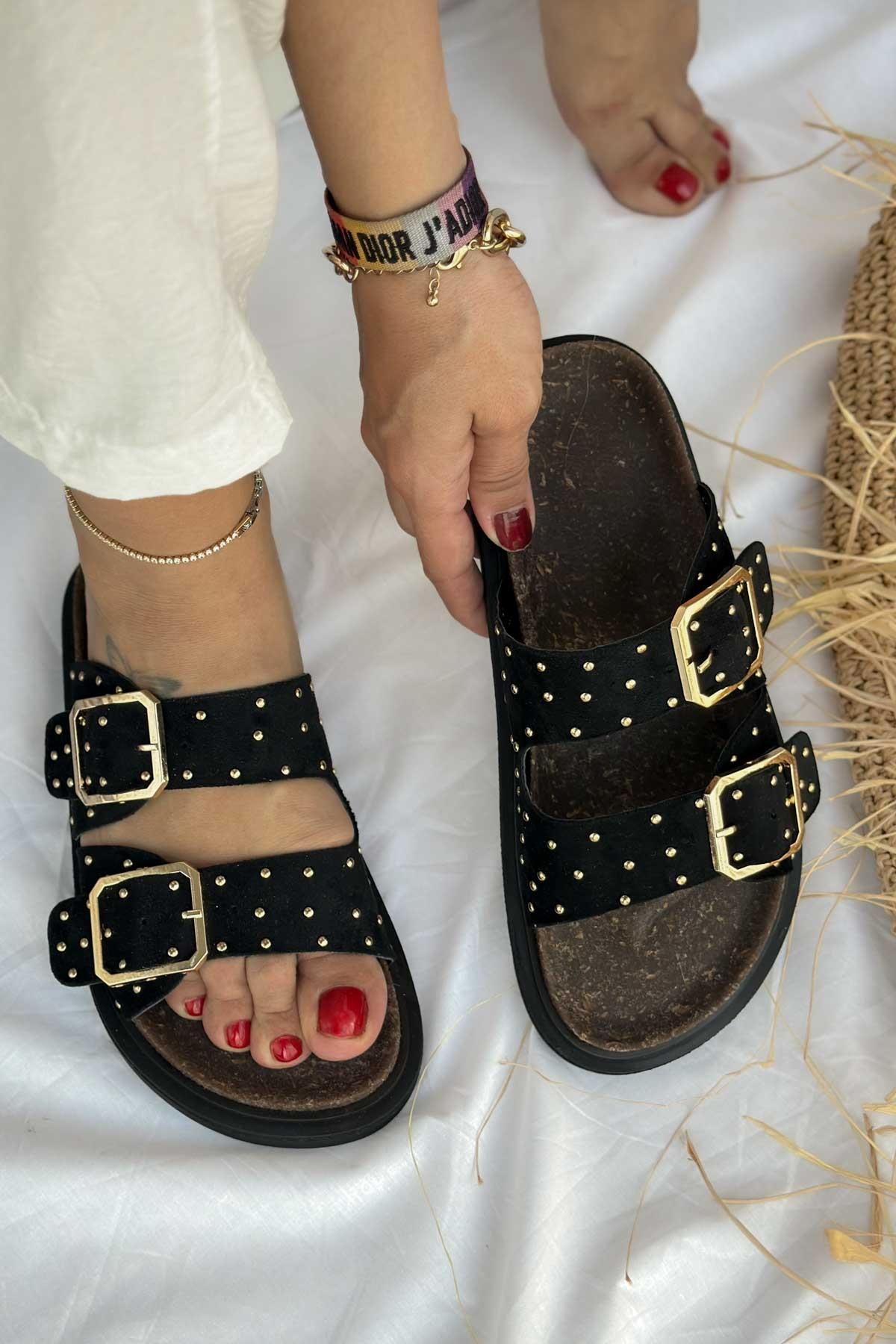 Glamour Siyah Süet Pimli Çift Bant Kadın Terlik