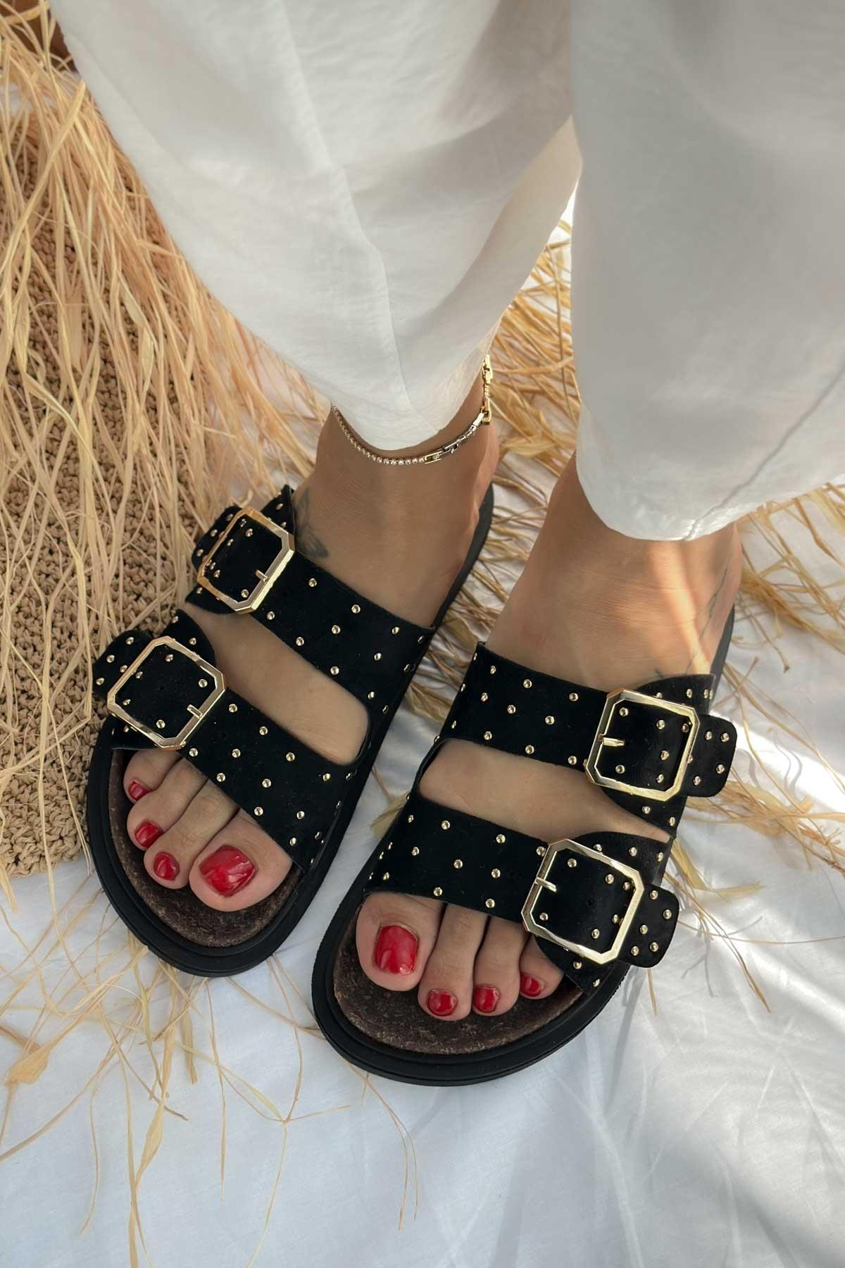 Glamour Siyah Süet Pimli Çift Bant Kadın Terlik
