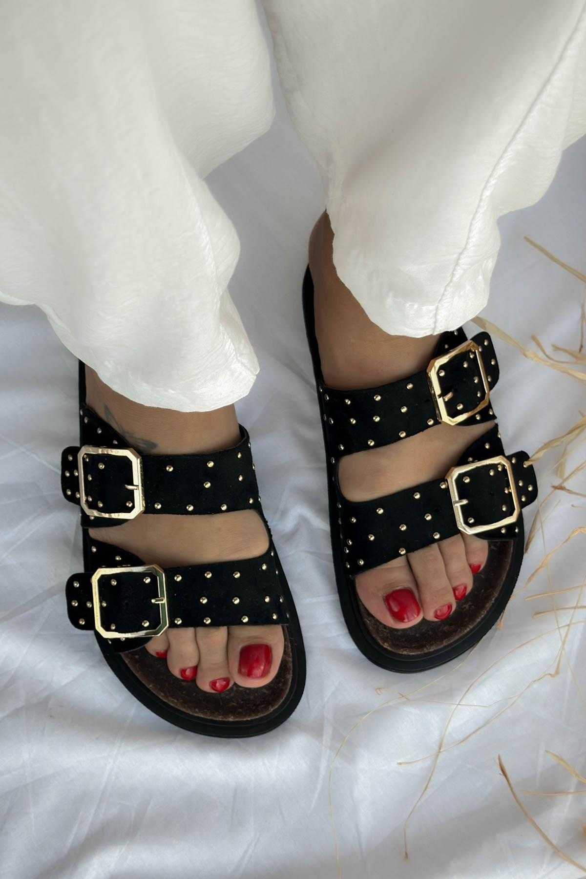 Glamour Siyah Süet Pimli Çift Bant Kadın Terlik