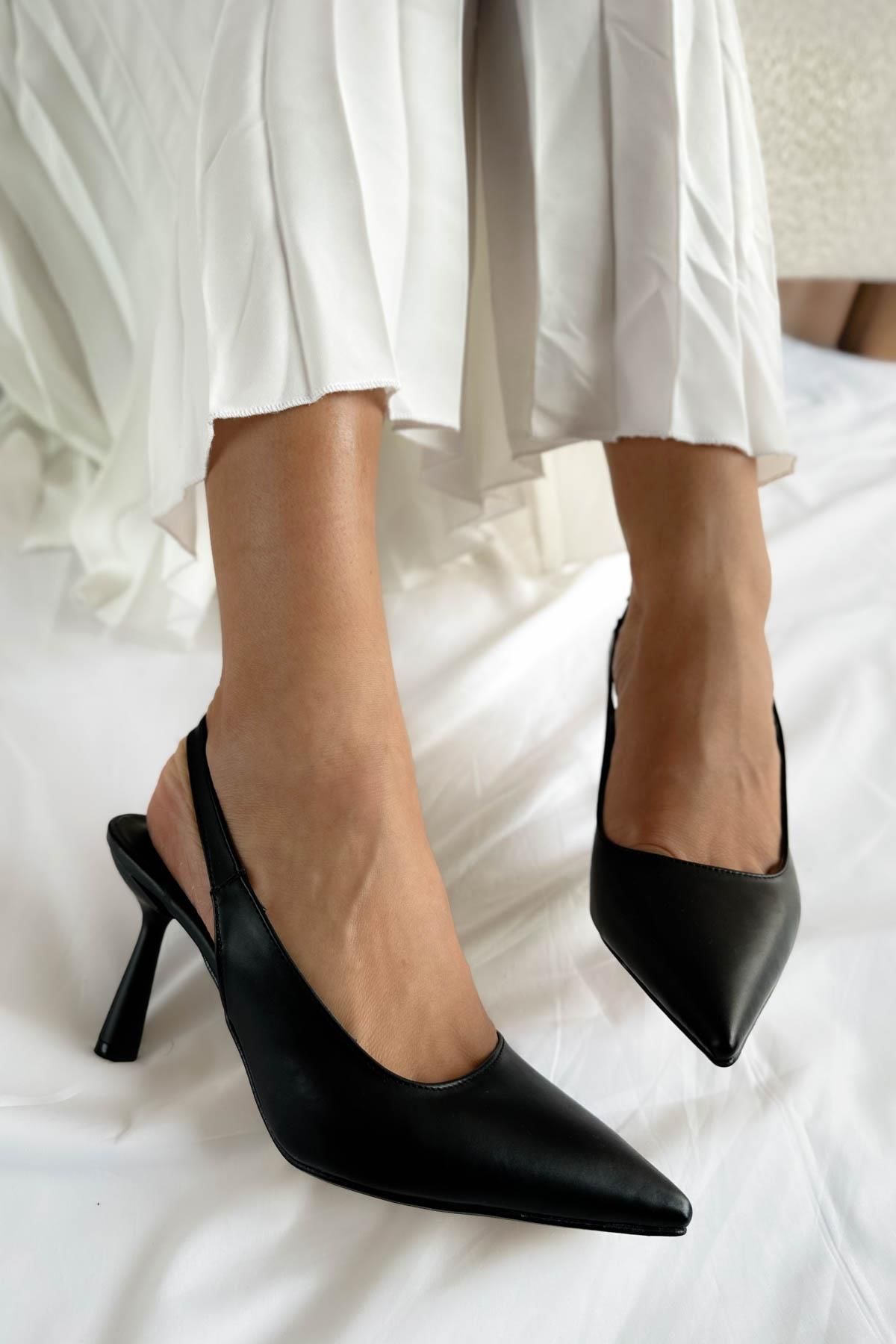 Luna Siyah Deri Günlük Topuk Kadın Açık Stiletto