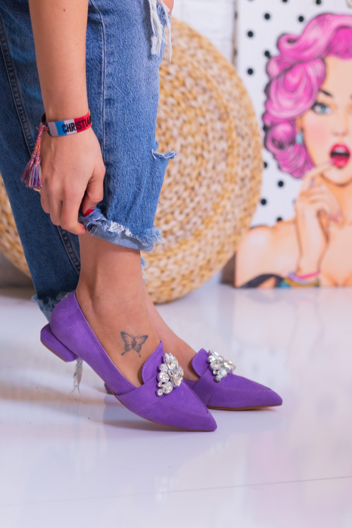 Majestic Lilac Suede Flat Shoes With Stony