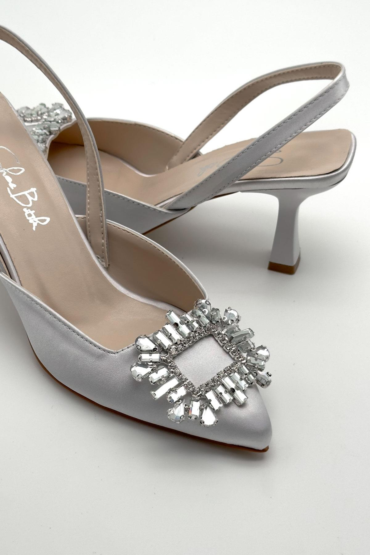 Quiero Silver Satin Open Stilettos With Stony