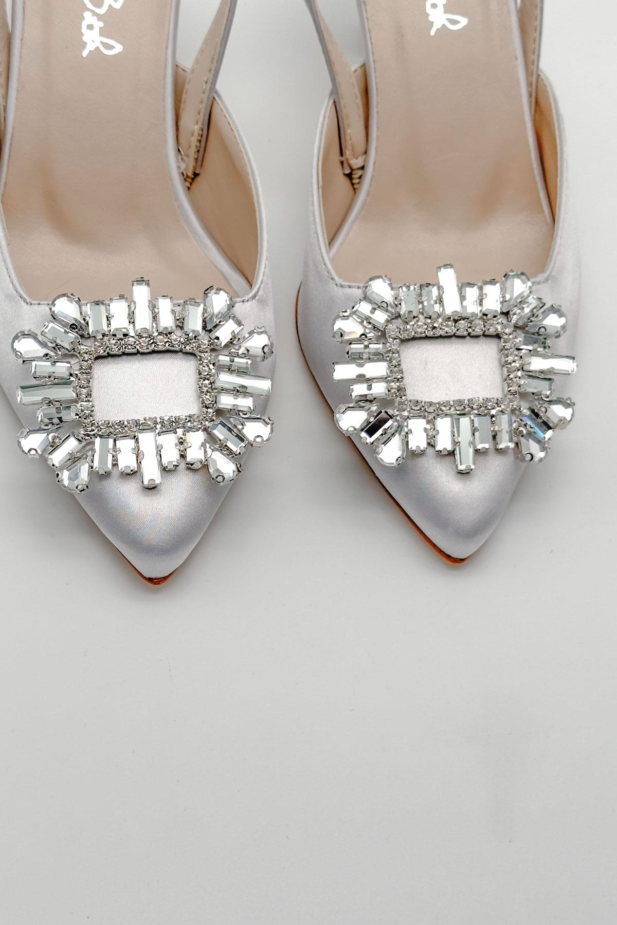 Quiero Silver Satin Open Stilettos With Stony