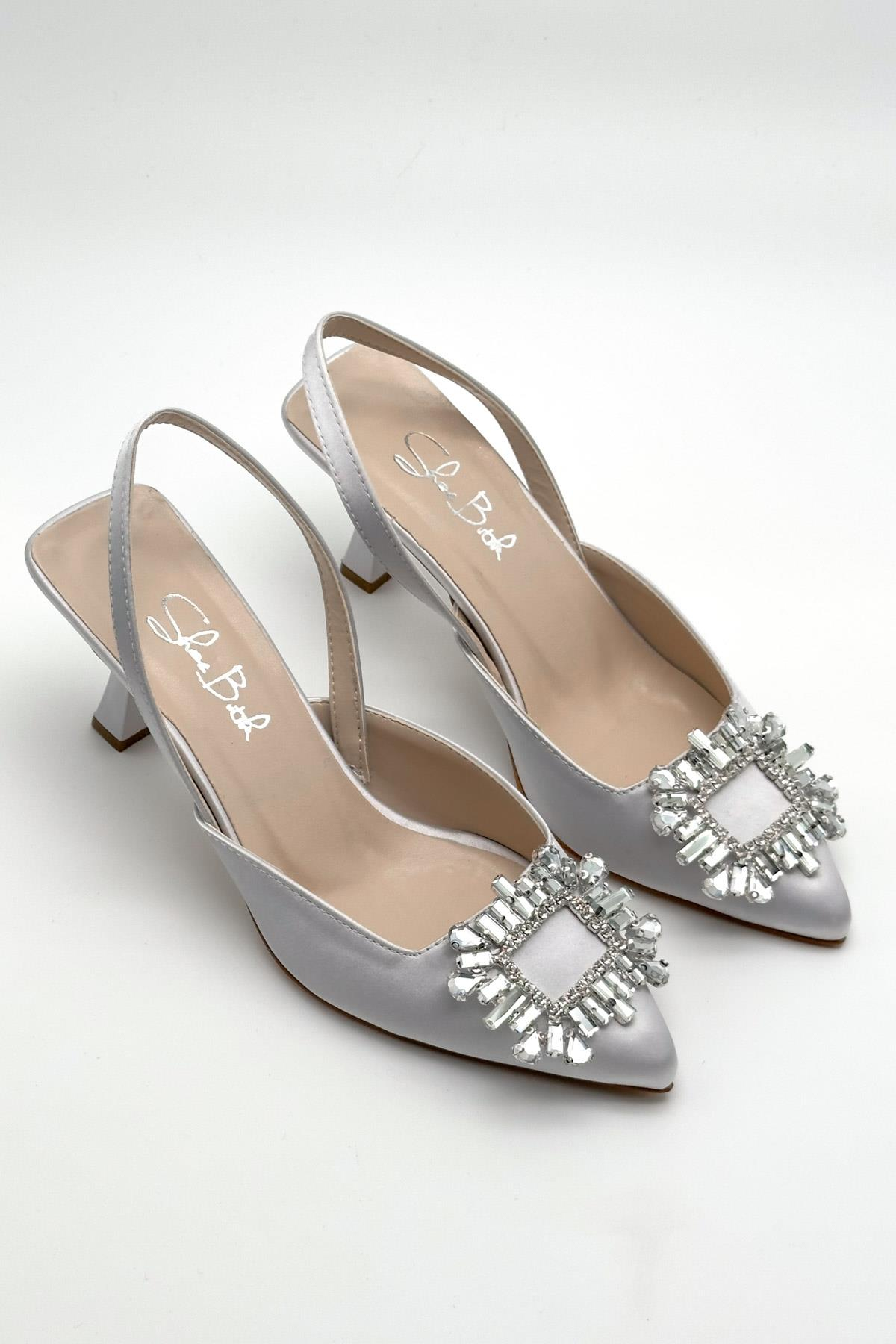 Quiero Silver Satin Open Stilettos With Stony