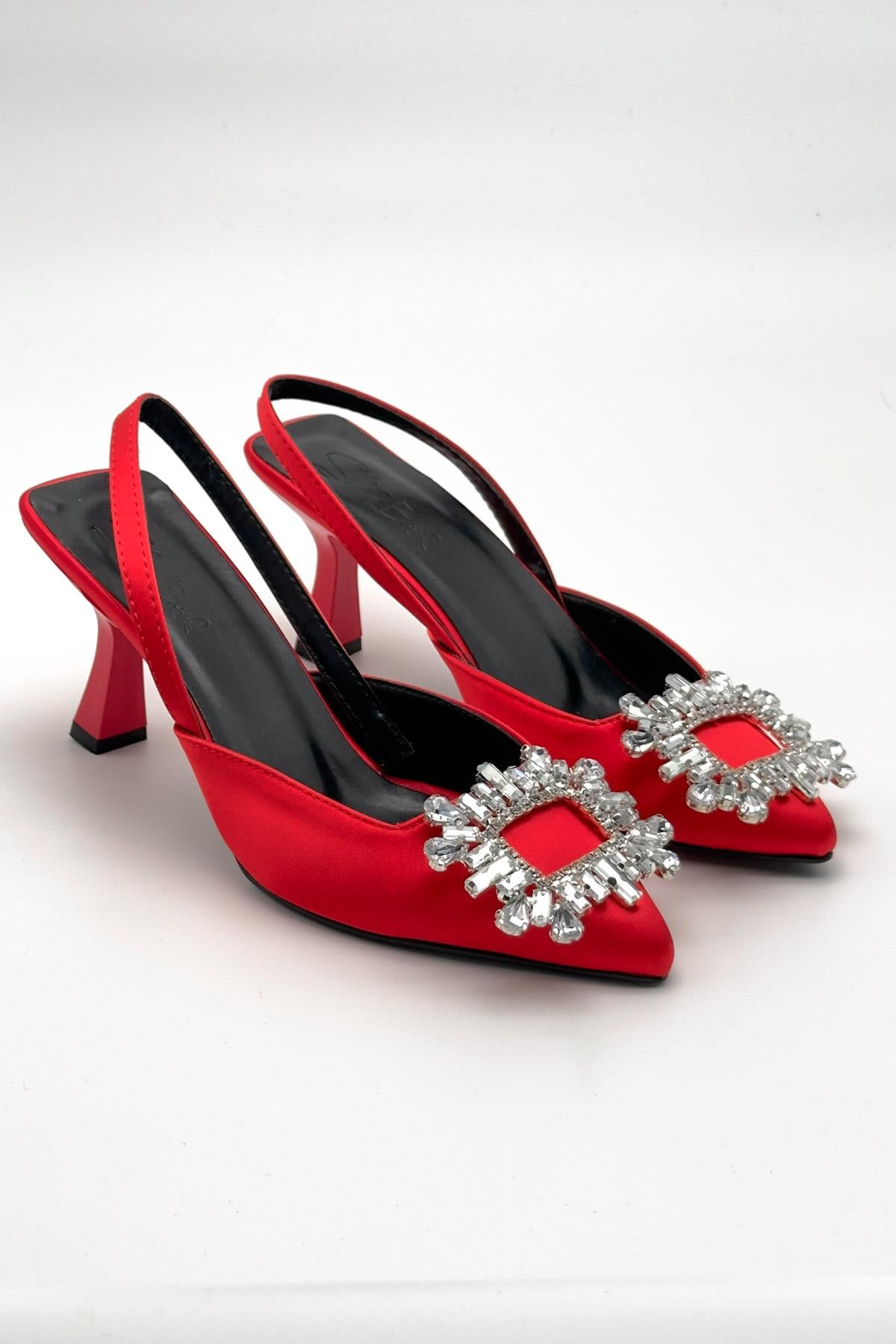 Quiero Kırmızı Saten Taşlı Açık Stiletto