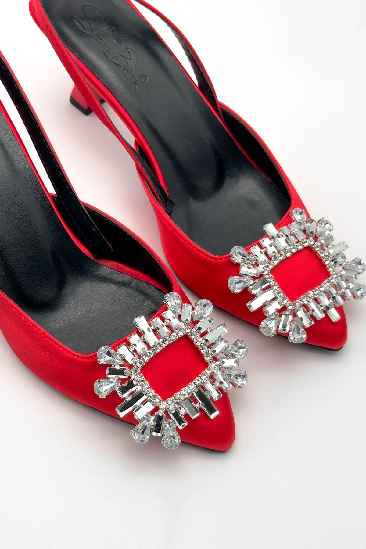 Quiero Kırmızı Saten Taşlı Açık Stiletto
