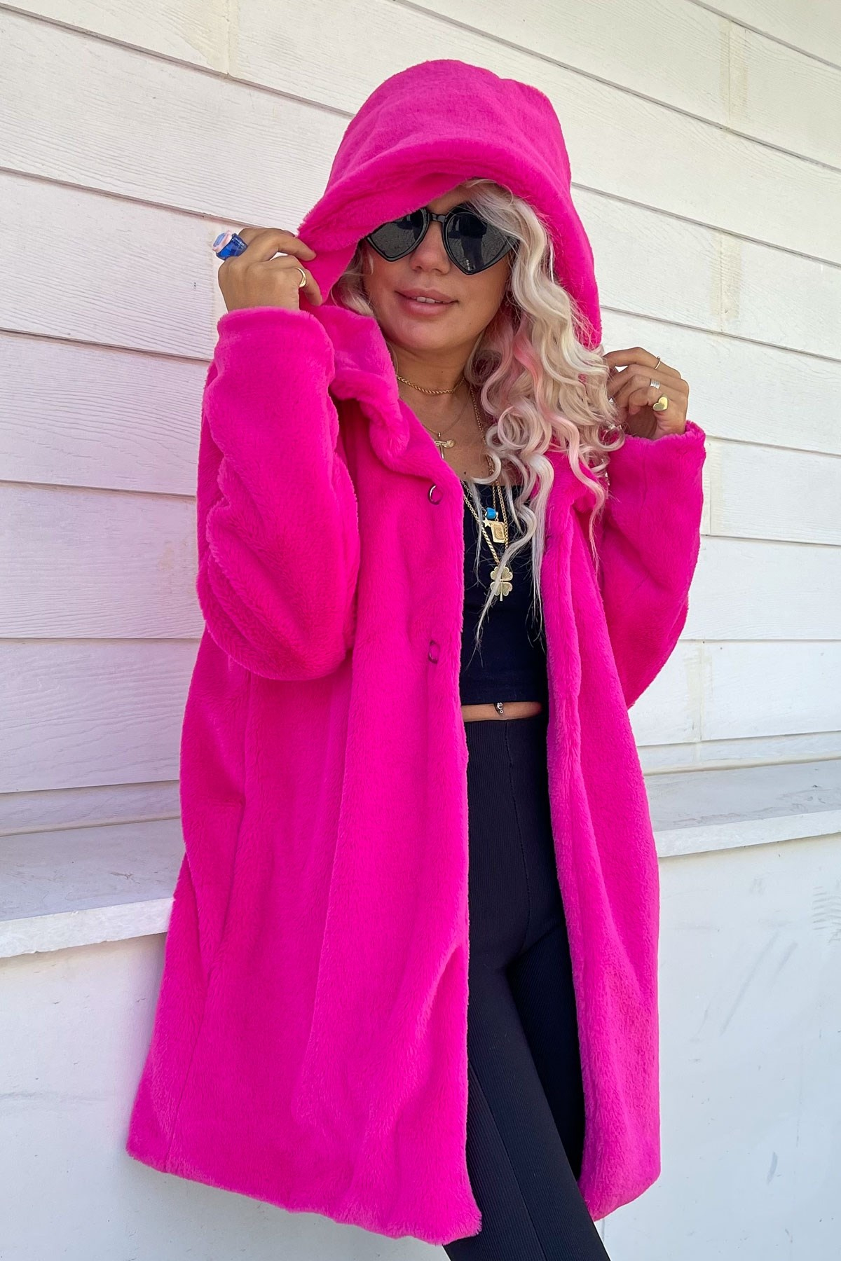Rabbit Pembe Pelüş Kapşonlu Kürk