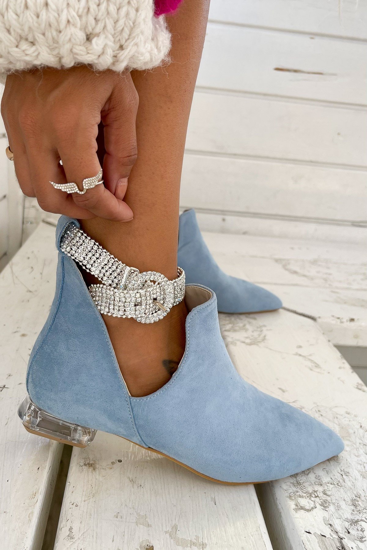 Rosalia Baby Blue Suede Flat Shoes With Stony