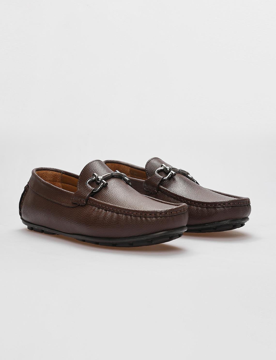 Men Brown Genuine Leather Moc Toe Bit Loafers