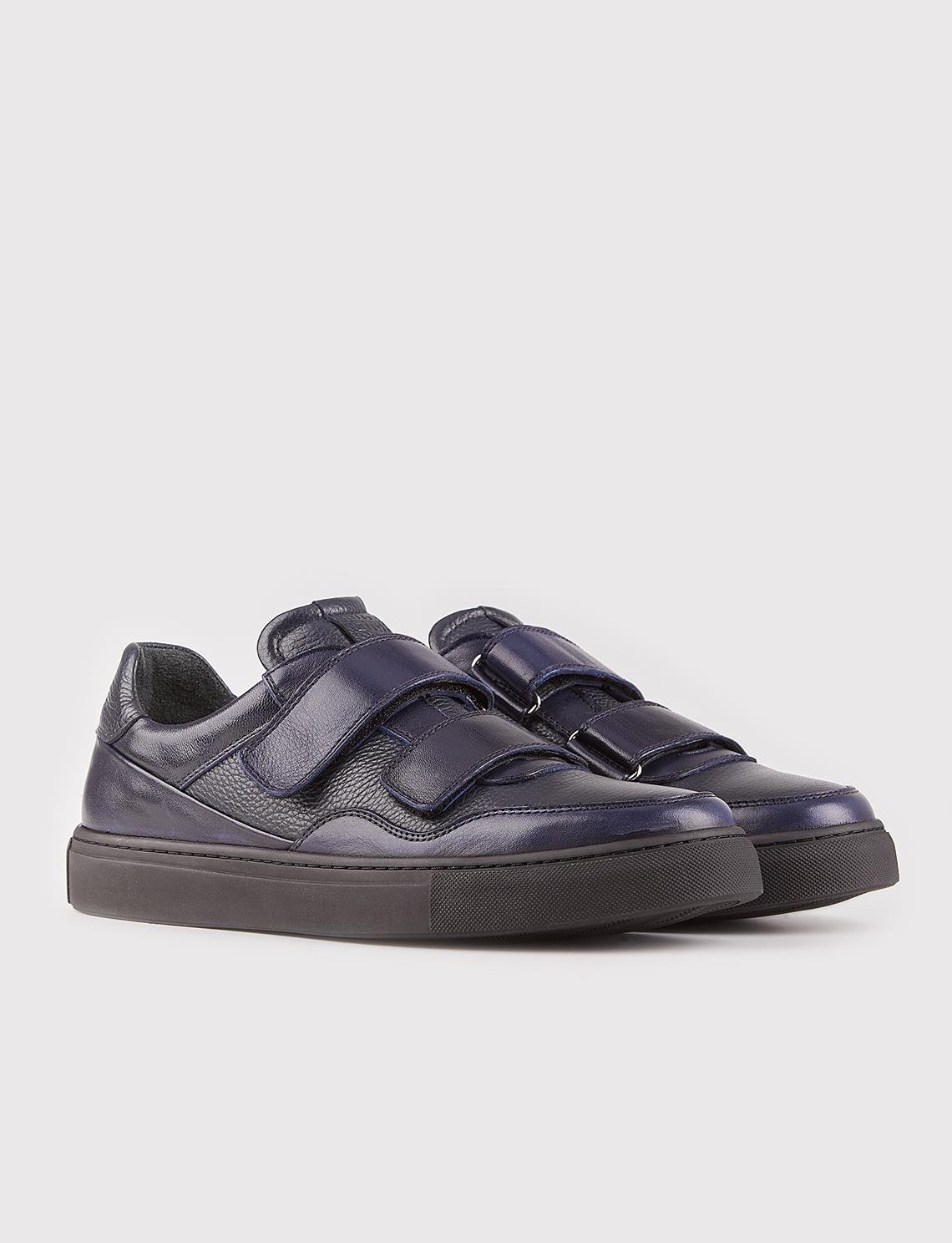 Men Navy Blue Genuine Leather Velcro Straps Sneakers