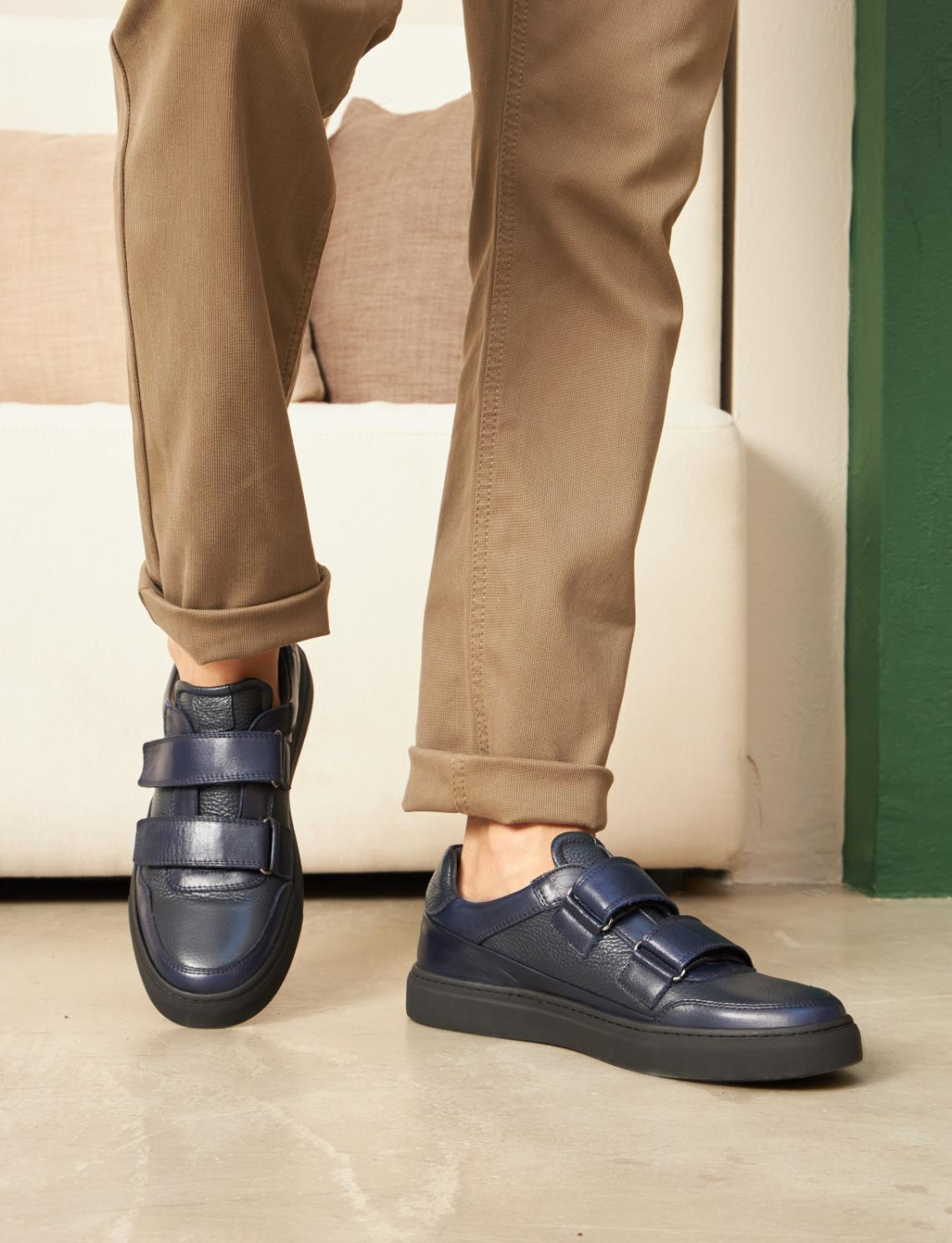 Men Navy Blue Genuine Leather Velcro Straps Sneakers