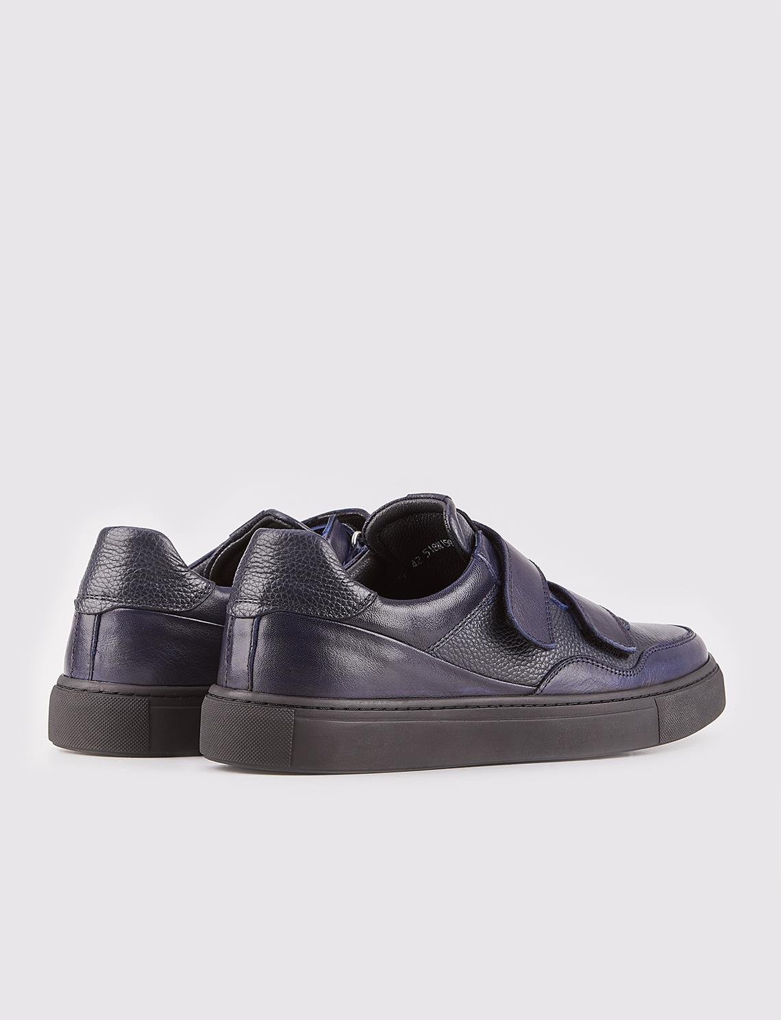 Men Navy Blue Genuine Leather Velcro Straps Sneakers