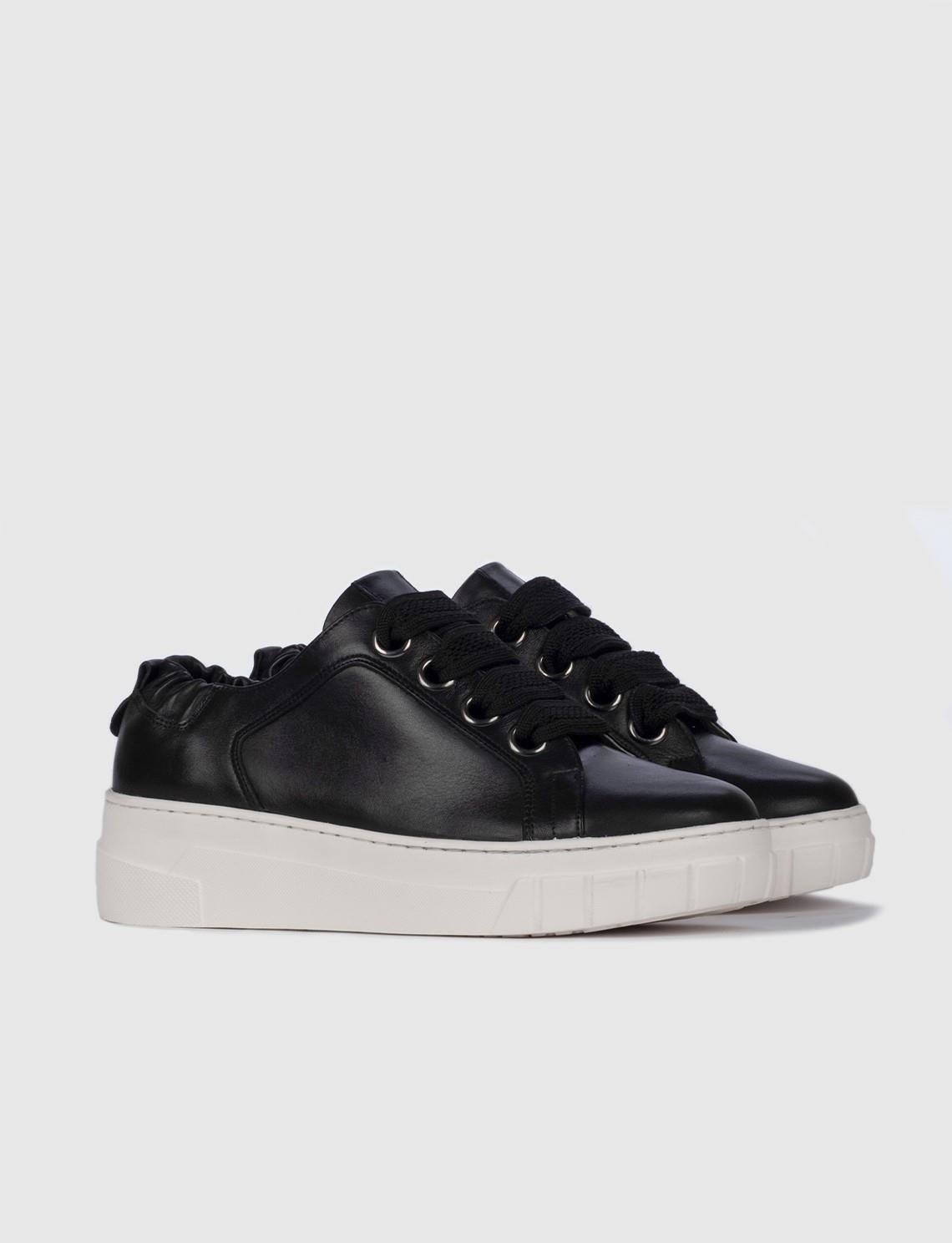 Women Black Genuine Leather Wedge Lace Up Sneakers