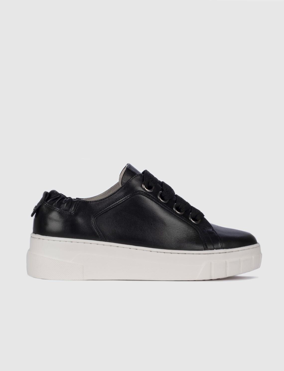 Women Black Genuine Leather Wedge Lace Up Sneakers