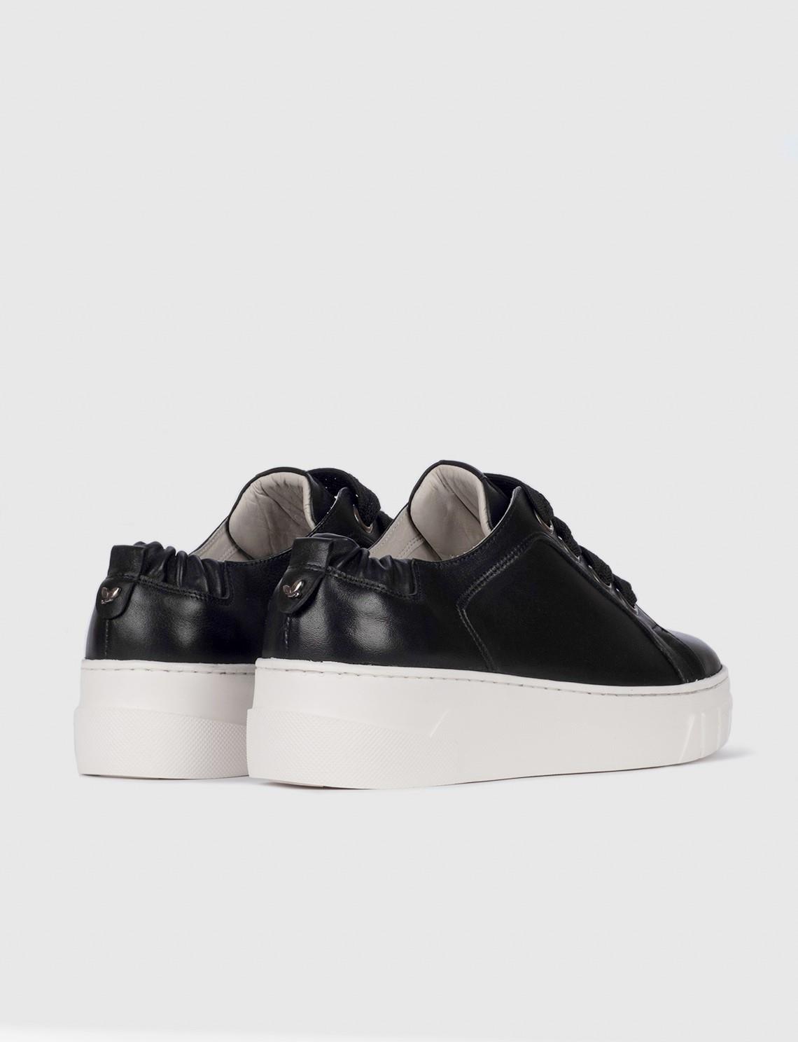 Women Black Genuine Leather Wedge Lace Up Sneakers