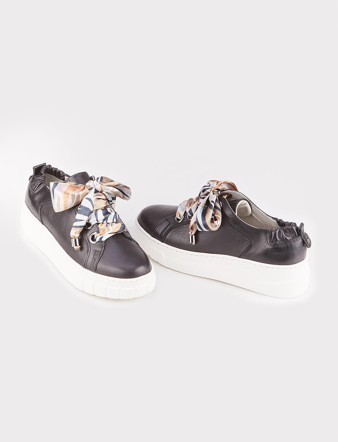 Women Black Genuine Leather Wedge Lace Up Sneakers