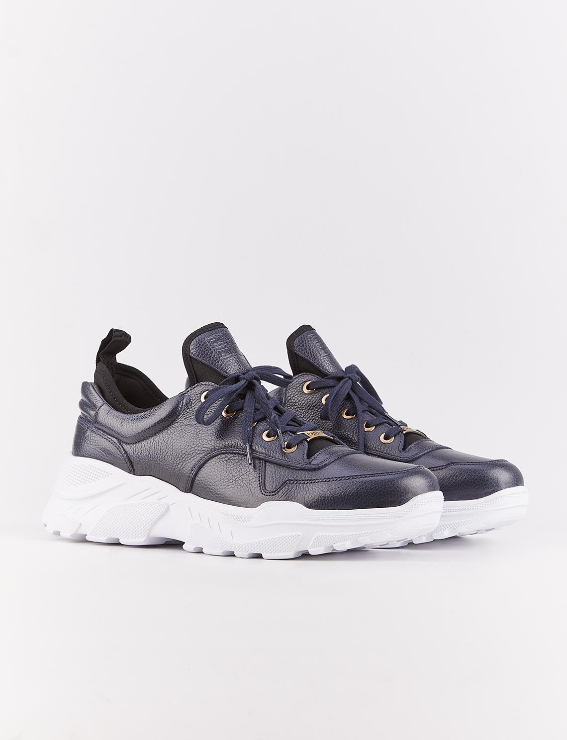 Men Navy Blue Genuine Leather Low Top Chunky Sneakers
