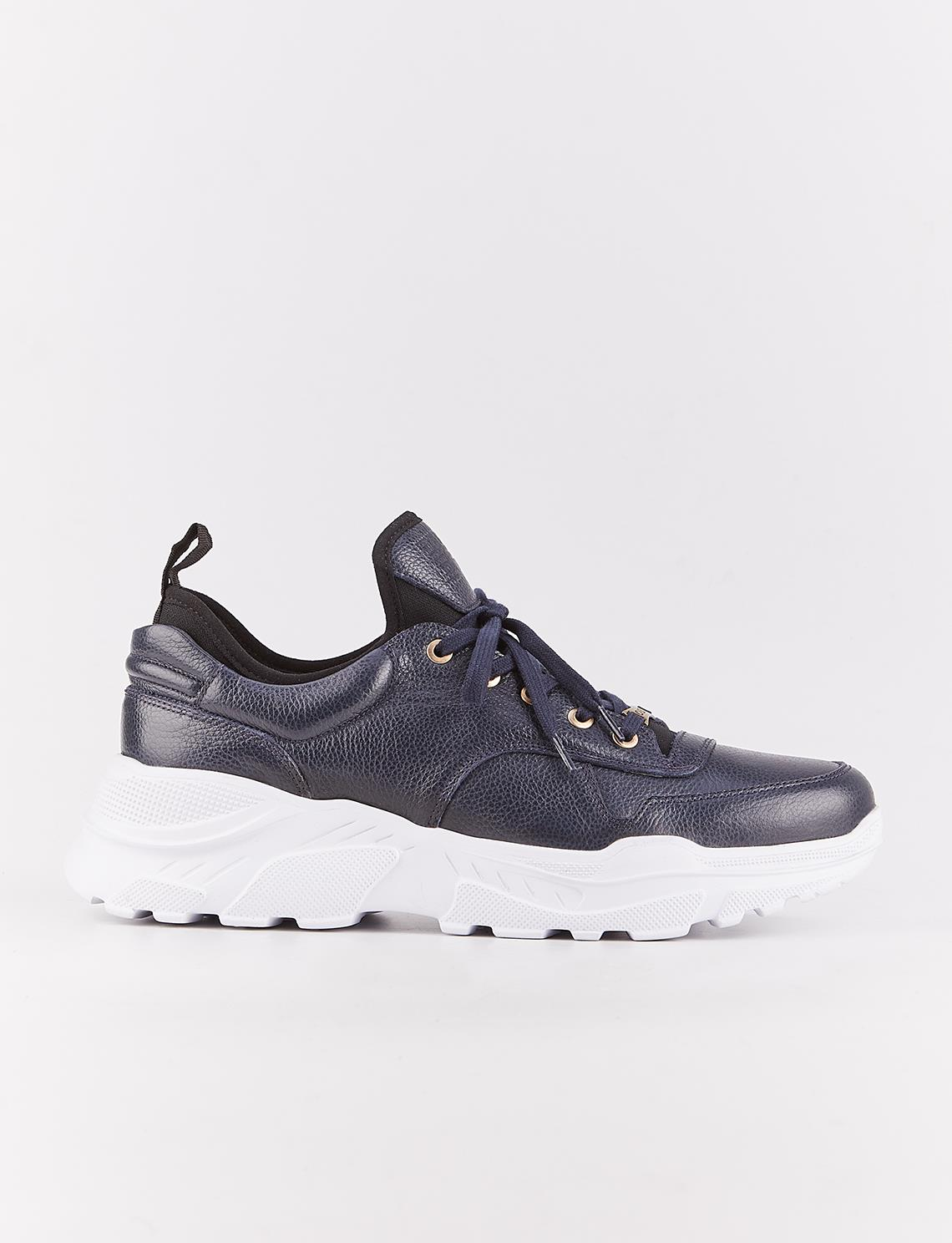 Men Navy Blue Genuine Leather Low Top Chunky Sneakers