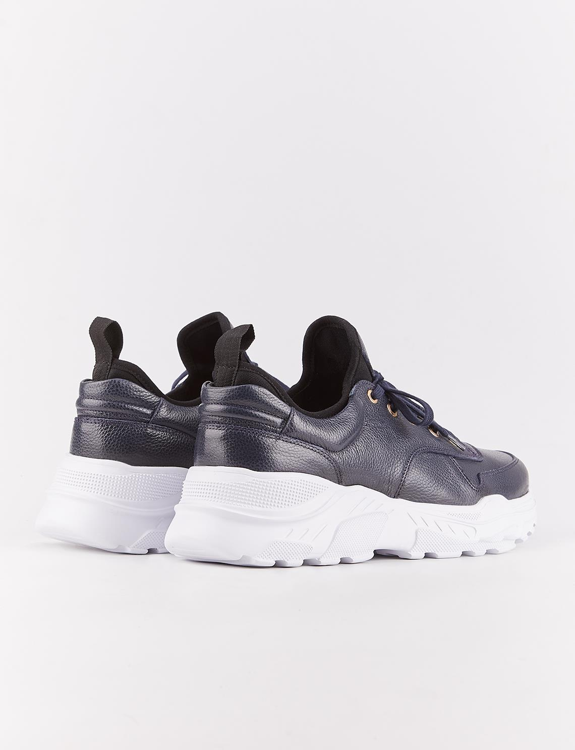 Men Navy Blue Genuine Leather Low Top Chunky Sneakers