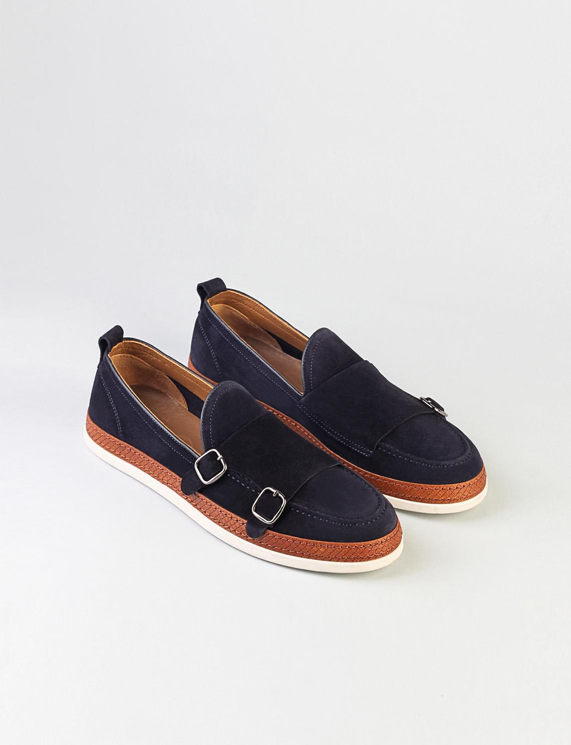 Men Navy Blue Genuine Leather Suede Double Monk Strap Shoes